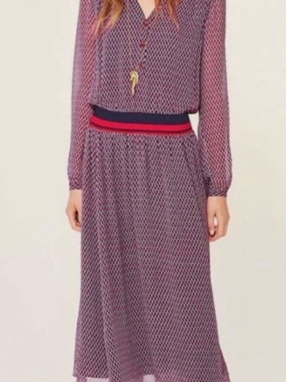 Tory Burch Silk Chiffon Geometric Heart V-Neck Puff Sleeve Midi Dress Size 8